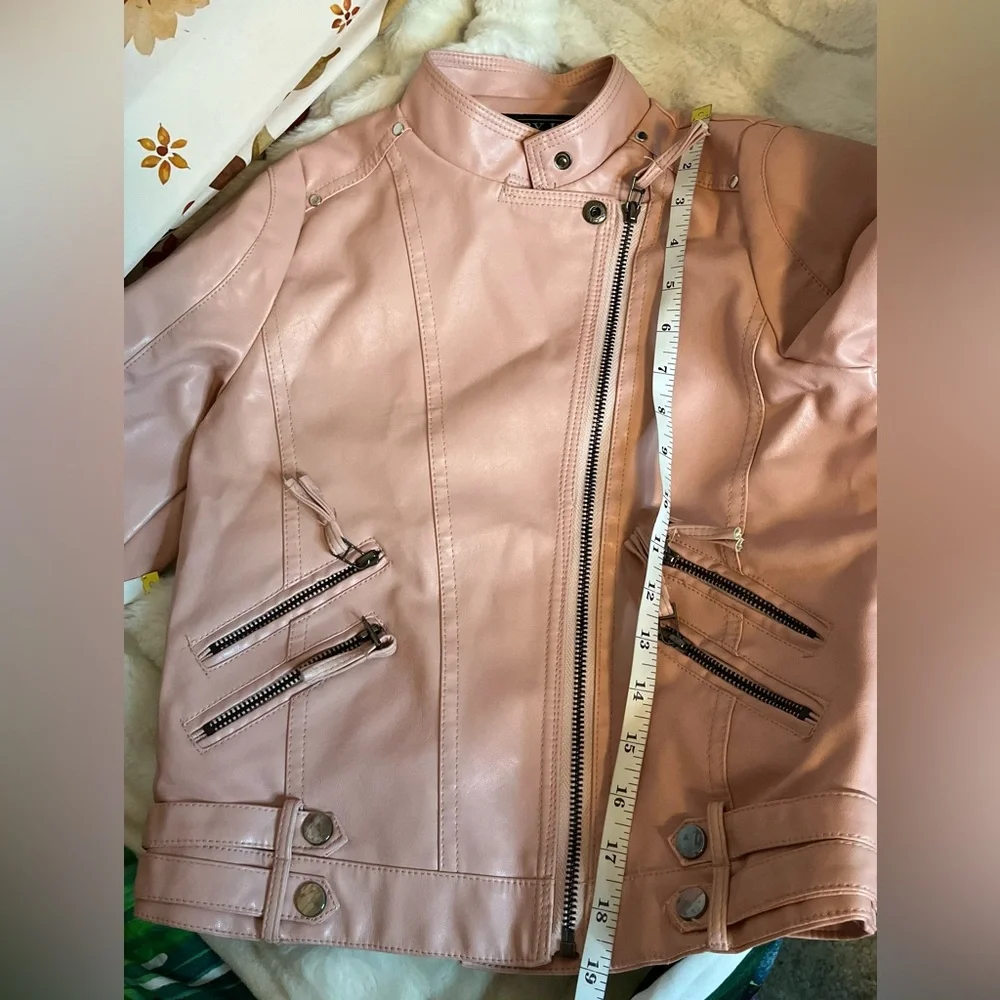 Kids M 7/8 Powder Pink Faux Leather Full Zip Motorcycle Spring Biker Jacket